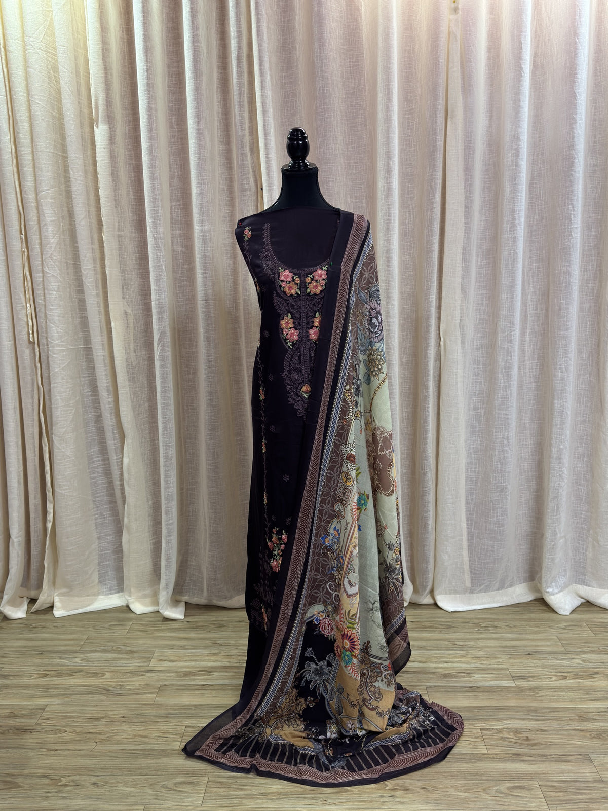 Inspired Zarqash Dark Cocoa Brown Unstitched Embroidered Cotton Suit
