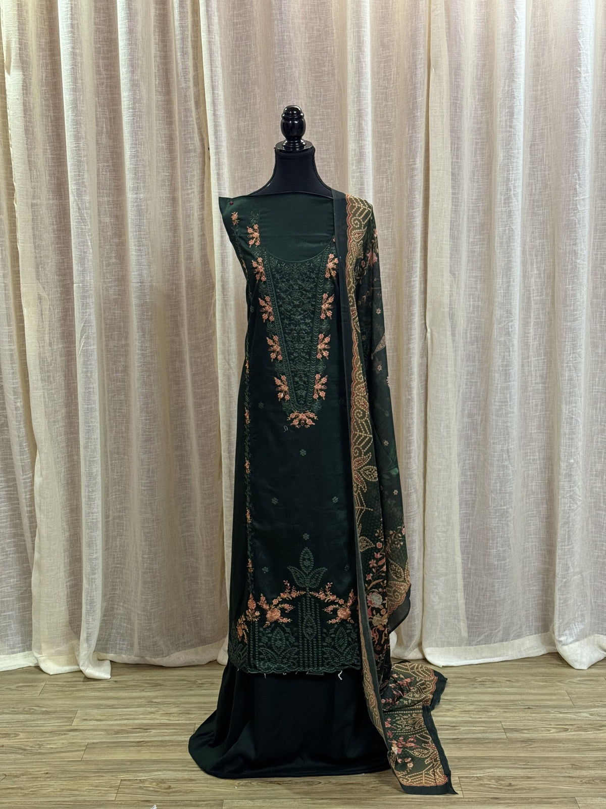 Inspired Zarqash Royal Green Unstitched Embroidered Cotton Suit