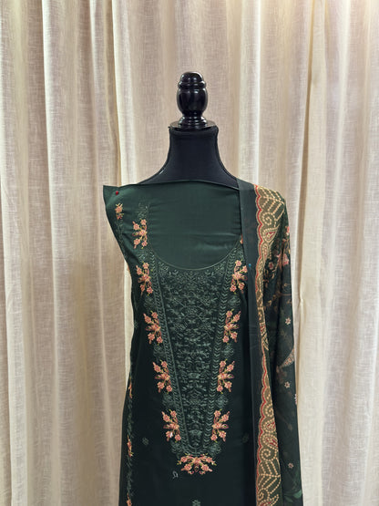 Inspired Zarqash Royal Green Unstitched Embroidered Cotton Suit