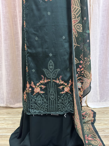 Inspired Zarqash Royal Green Unstitched Embroidered Cotton Suit