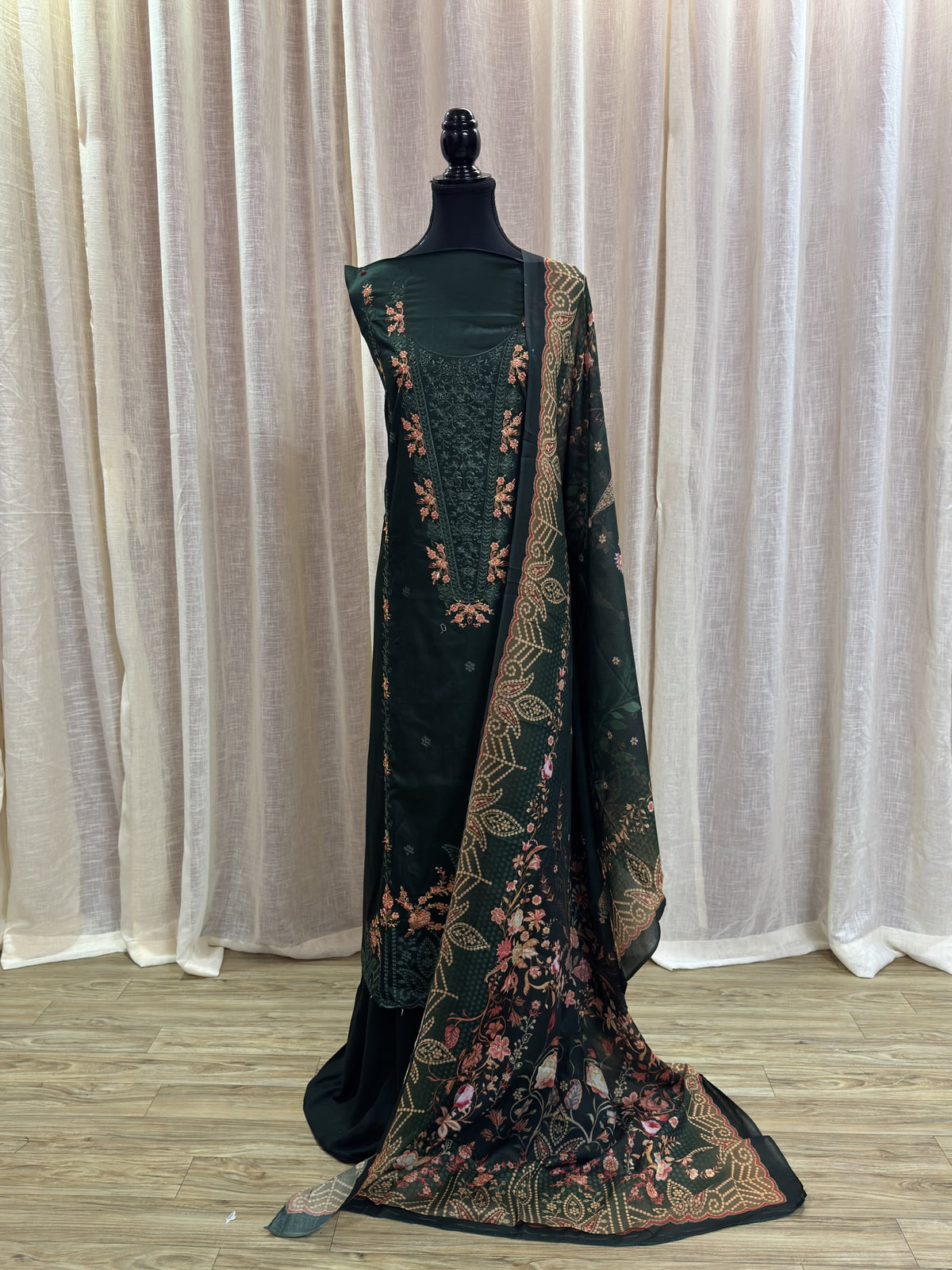 Inspired Zarqash Royal Green Unstitched Embroidered Cotton Suit