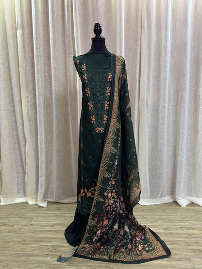 Inspired Zarqash Royal Green Unstitched Embroidered Cotton Suit