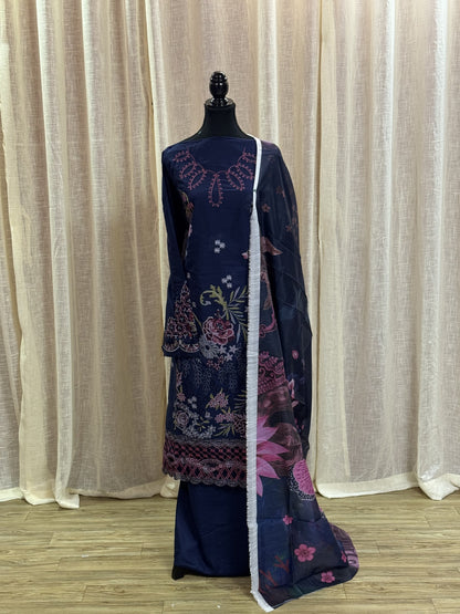 Inspired Ramsha Royal Navy Blue Semi-stitched Embroidered Cotton Suit