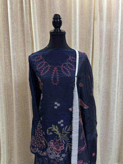 Inspired Ramsha Royal Navy Blue Semi-stitched Embroidered Cotton Suit