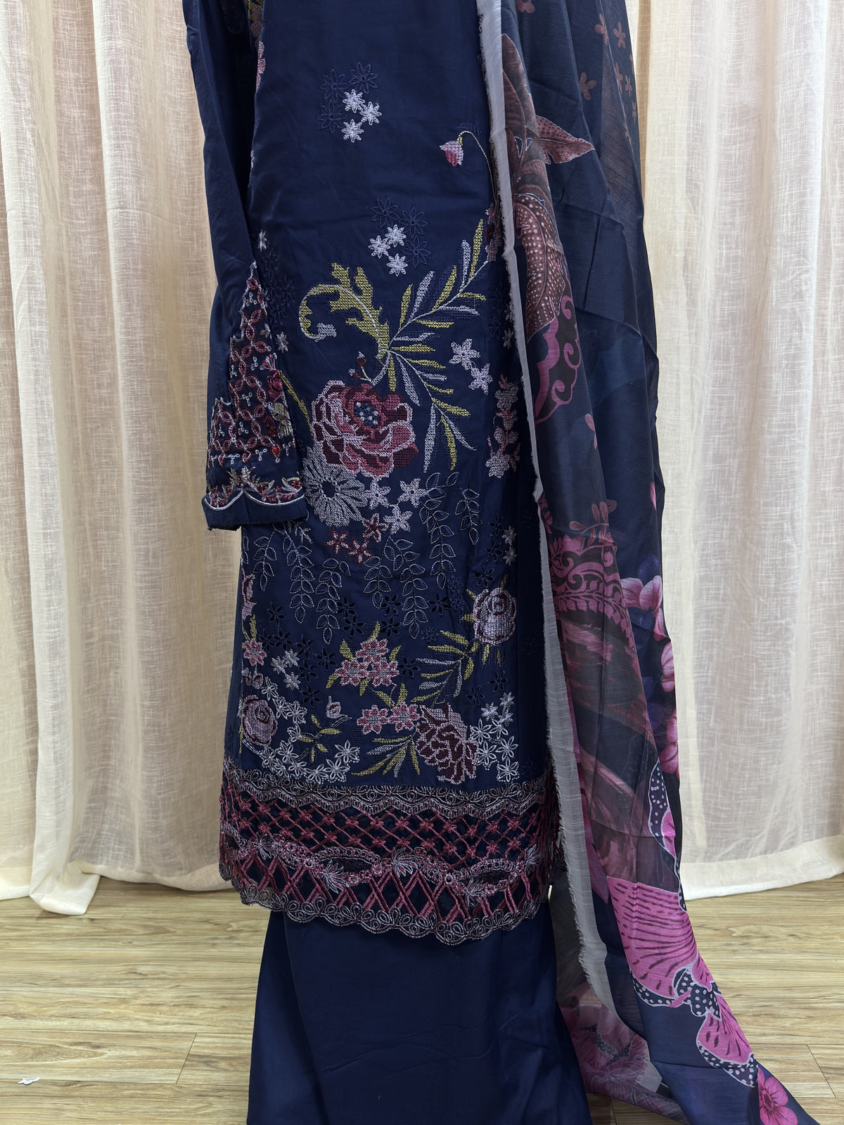Inspired Ramsha Royal Navy Blue Semi-stitched Embroidered Cotton Suit