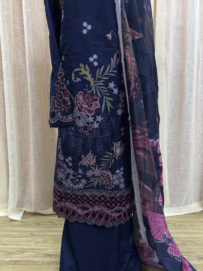 Inspired Ramsha Royal Navy Blue Semi-stitched Embroidered Cotton Suit
