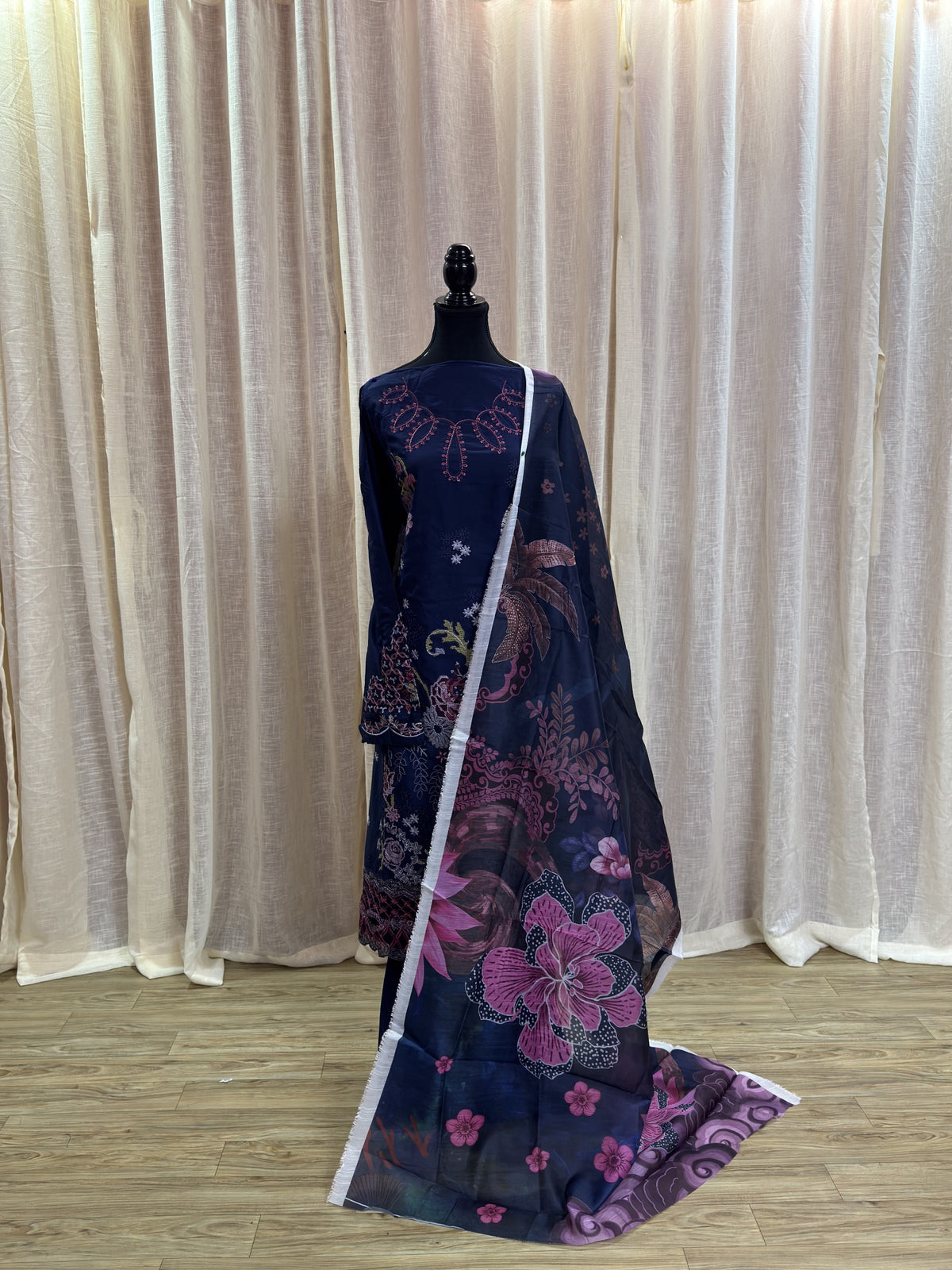 Inspired Ramsha Royal Navy Blue Semi-stitched Embroidered Cotton Suit