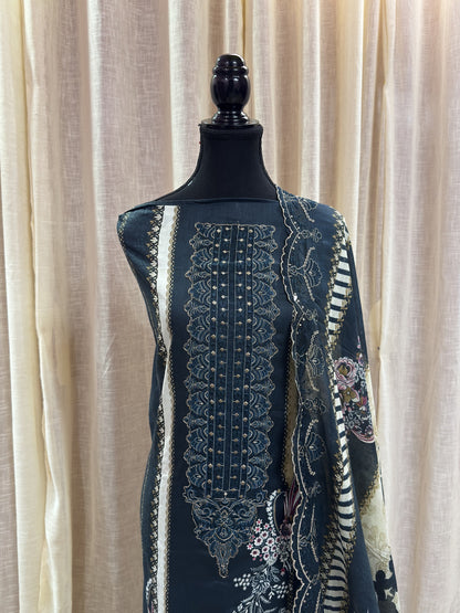 Inspired Shree Fab Royal Green Unstitched Embroidered Cotton Suit