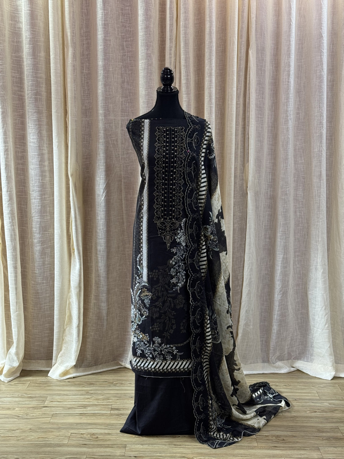 Inspired Shree Fab Charcoal Black Unstitched Embroidered Cotton Suit