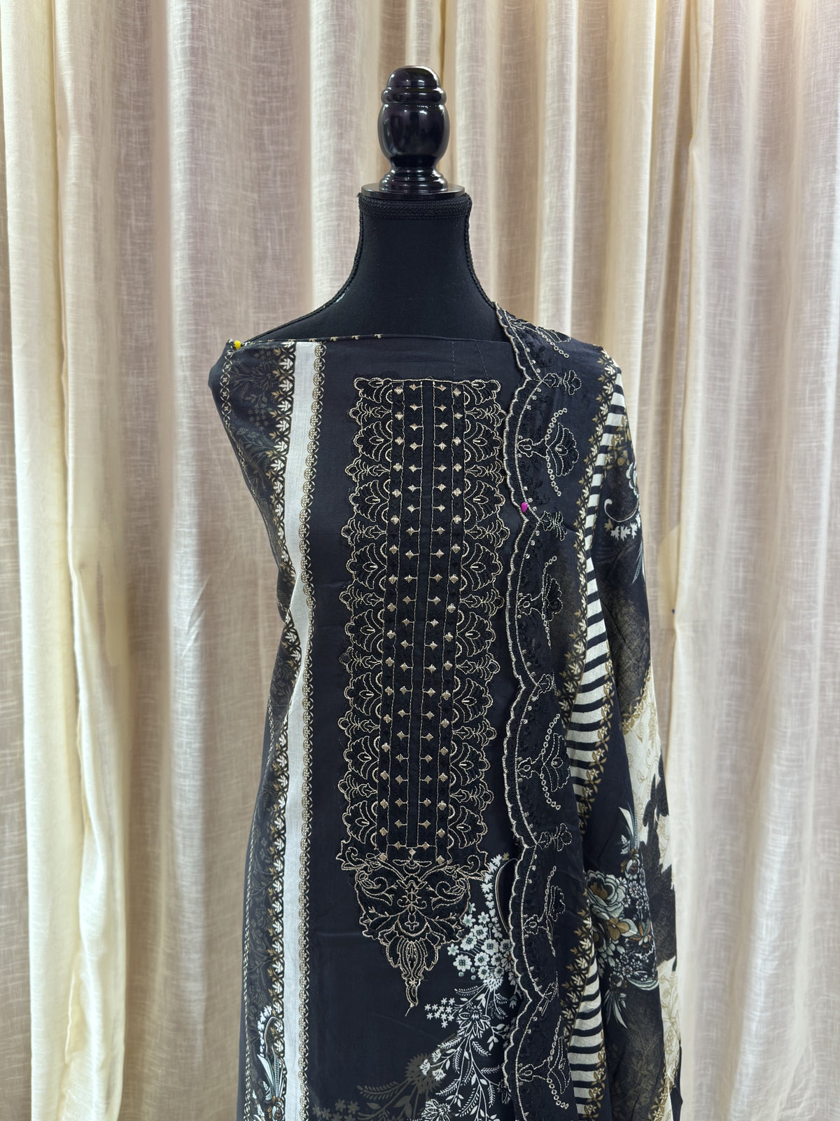 Inspired Shree Fab Charcoal Black Unstitched Embroidered Cotton Suit