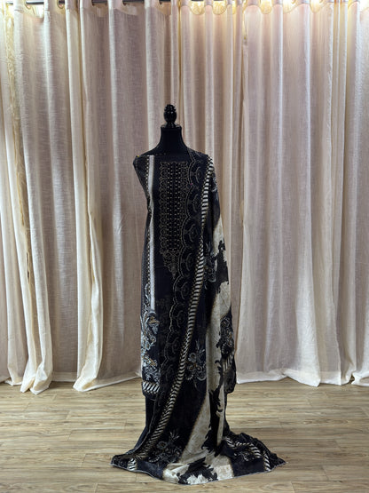 Inspired Shree Fab Charcoal Black Unstitched Embroidered Cotton Suit
