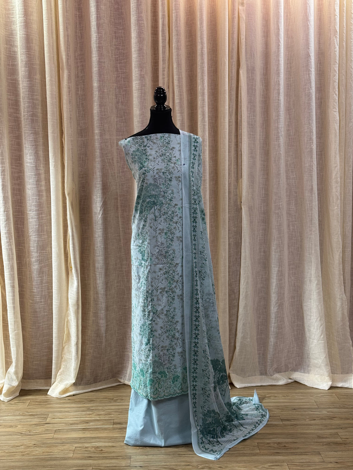 Inspired Khuda Baksh Ice Blue Green Chikankari Cotton Suit