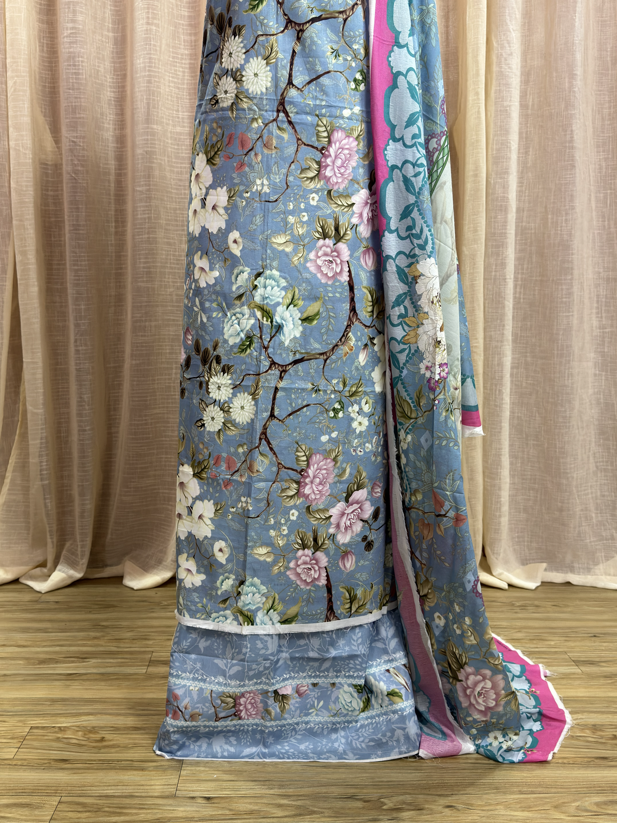 Original Elaf Soft Blue Floral Print Unstitched Lawn Suit