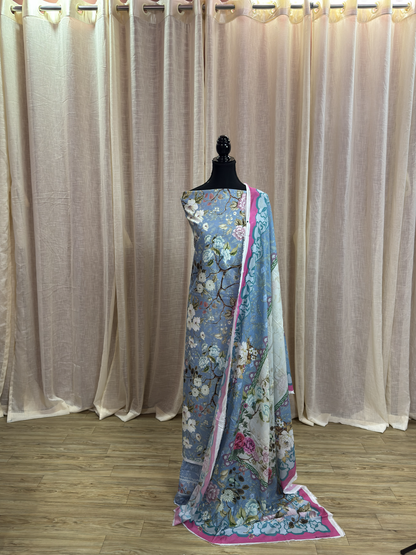 Original Elaf Soft Blue Floral Print Unstitched Lawn Suit
