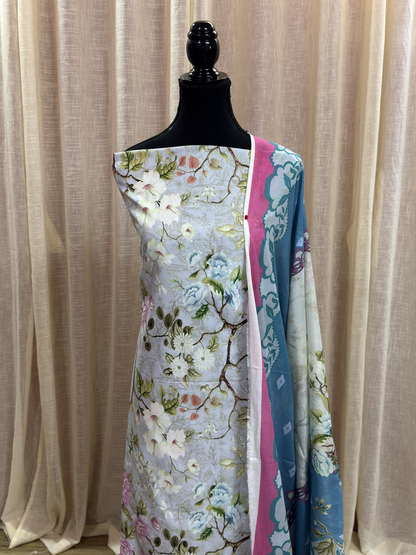 Original Elaf Lavender Blue Floral Print Unstitched Lawn Suit