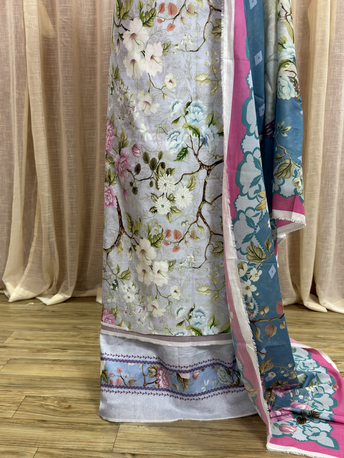 Original Elaf Lavender Blue Floral Print Unstitched Lawn Suit
