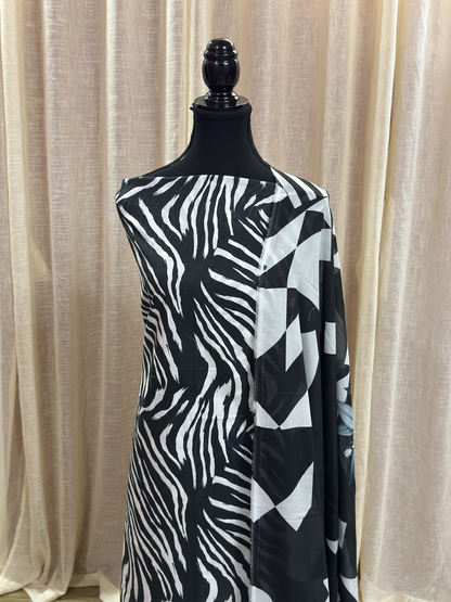 Original Elaf Royal Black Zebra Pattern Floral Print Unstitched Lawn Suit