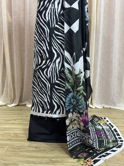Original Elaf Royal Black Zebra Pattern Floral Print Unstitched Lawn Suit