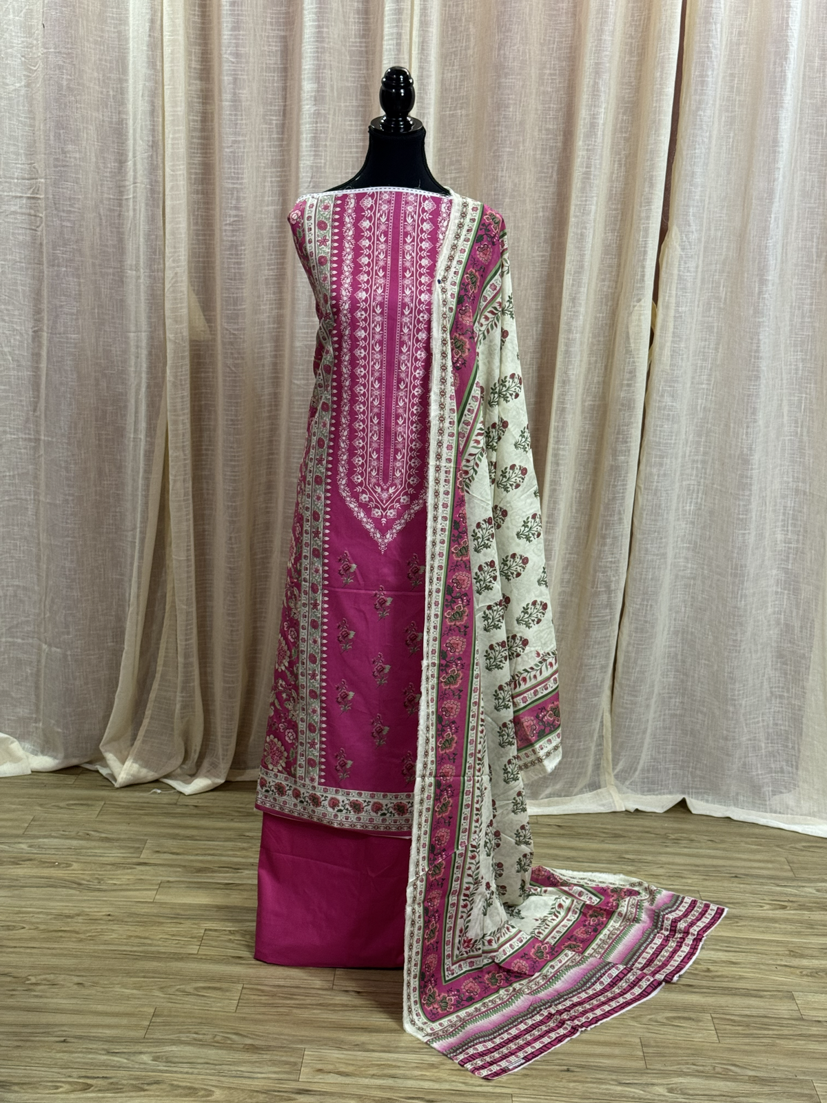Original Mausammery Fuschia Pink Floral Print Unstitched Lawn Suit