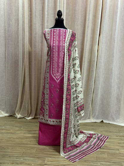 Original Mausammery Fuschia Pink Floral Print Unstitched Lawn Suit