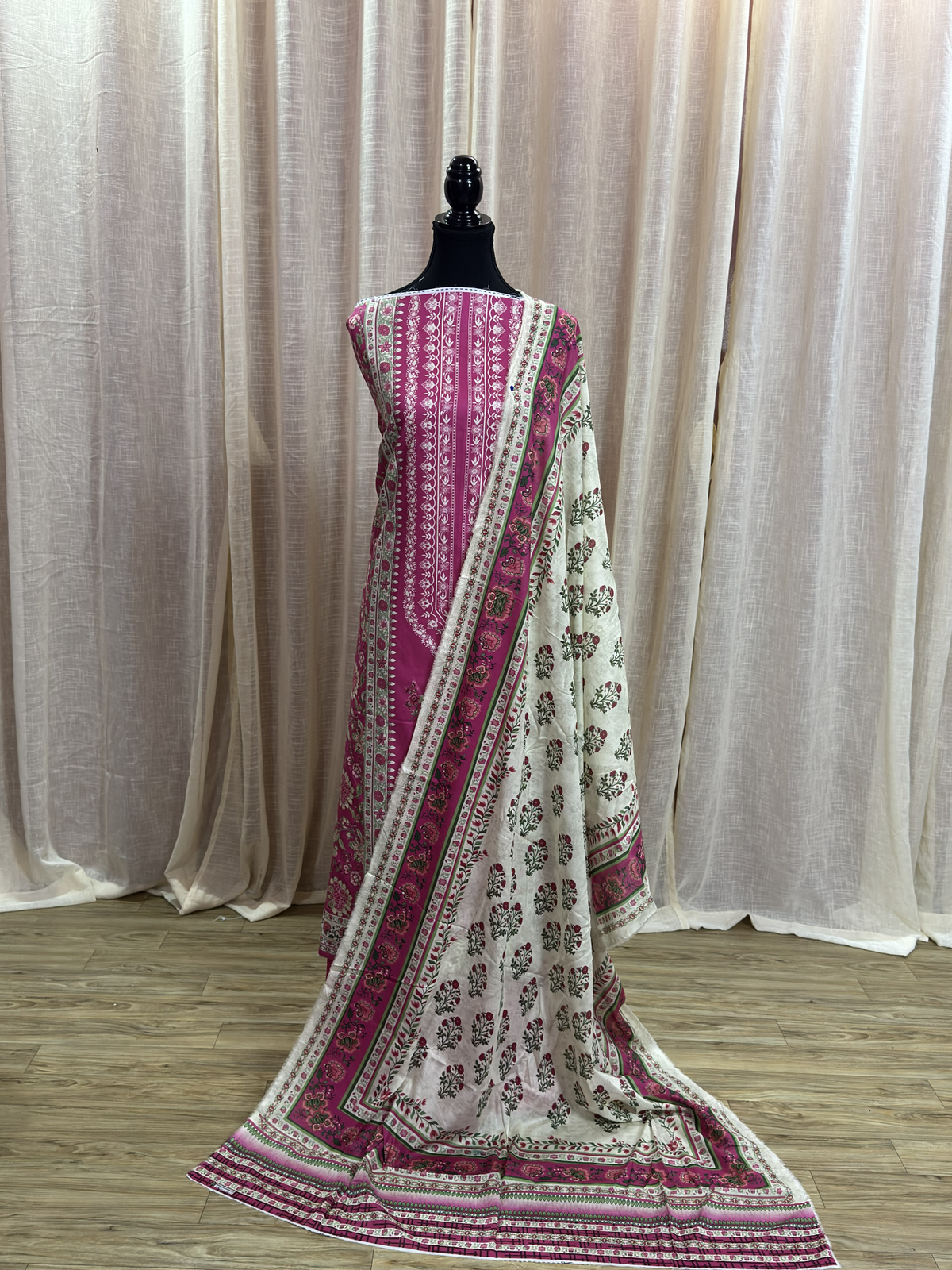 Original Mausammery Fuschia Pink Floral Print Unstitched Lawn Suit