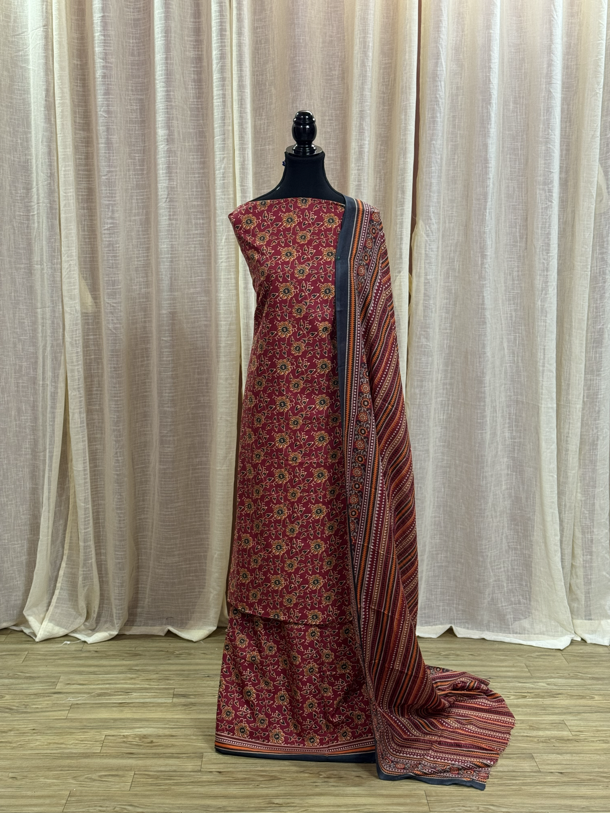 Original Bin Saeed Rust Red Floral Print Unstitched Lawn Suit