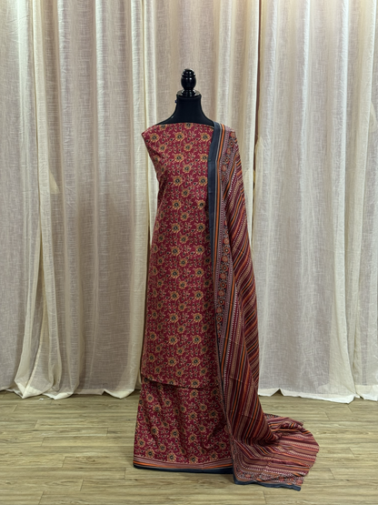 Original Bin Saeed Rust Red Floral Print Unstitched Lawn Suit
