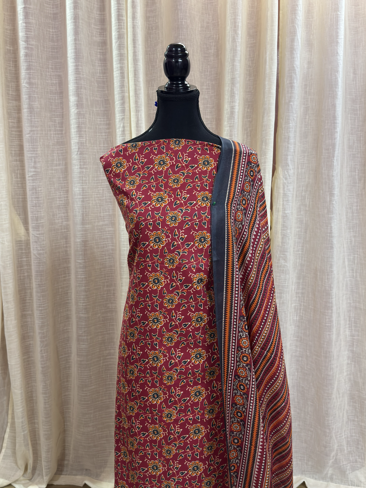 Original Bin Saeed Rust Red Floral Print Unstitched Lawn Suit