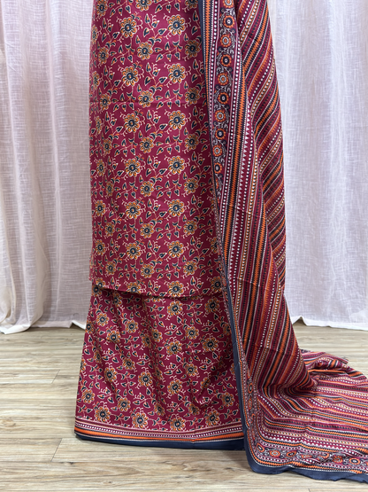 Original Bin Saeed Rust Red Floral Print Unstitched Lawn Suit