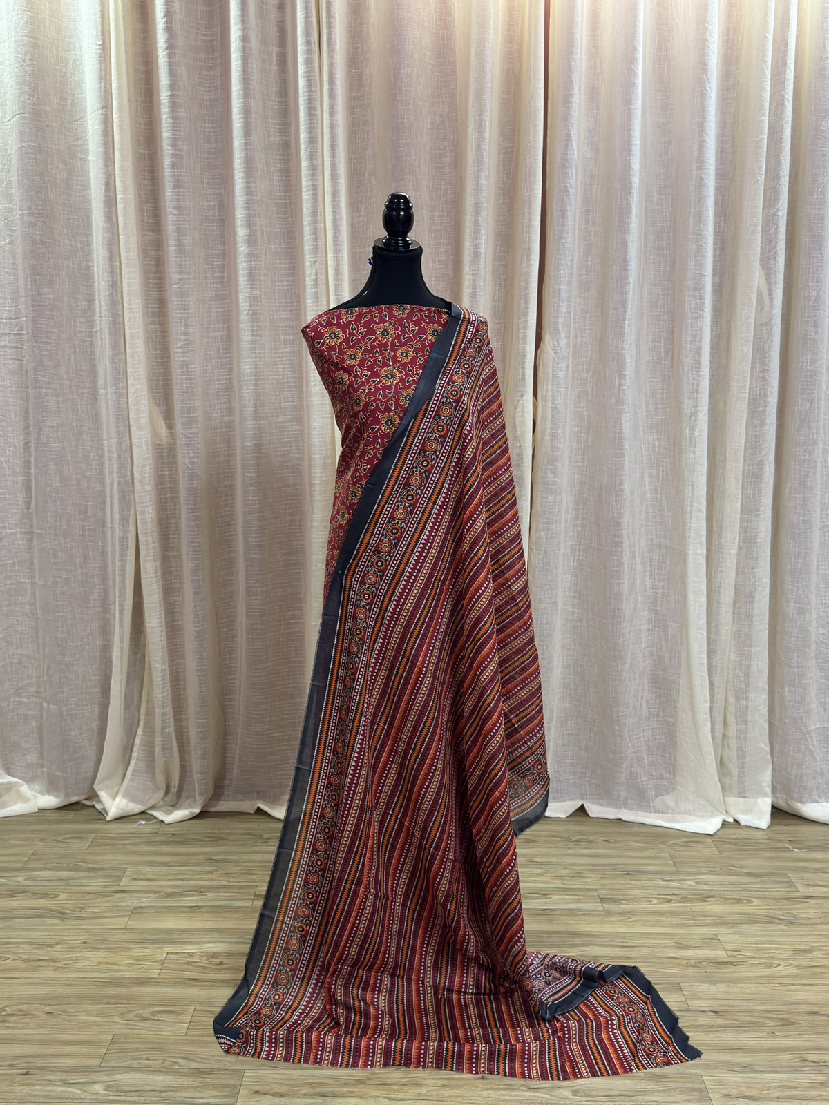 Original Bin Saeed Rust Red Floral Print Unstitched Lawn Suit