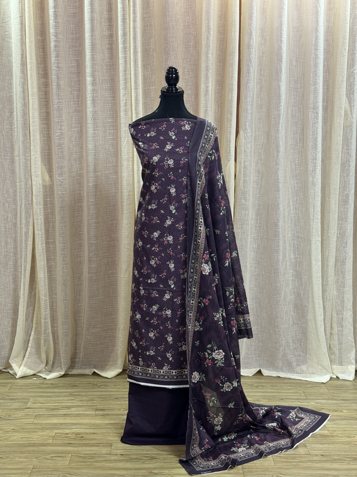 Original Bin Saeed Plum Purple Floral Print Unstitched Lawn Suit