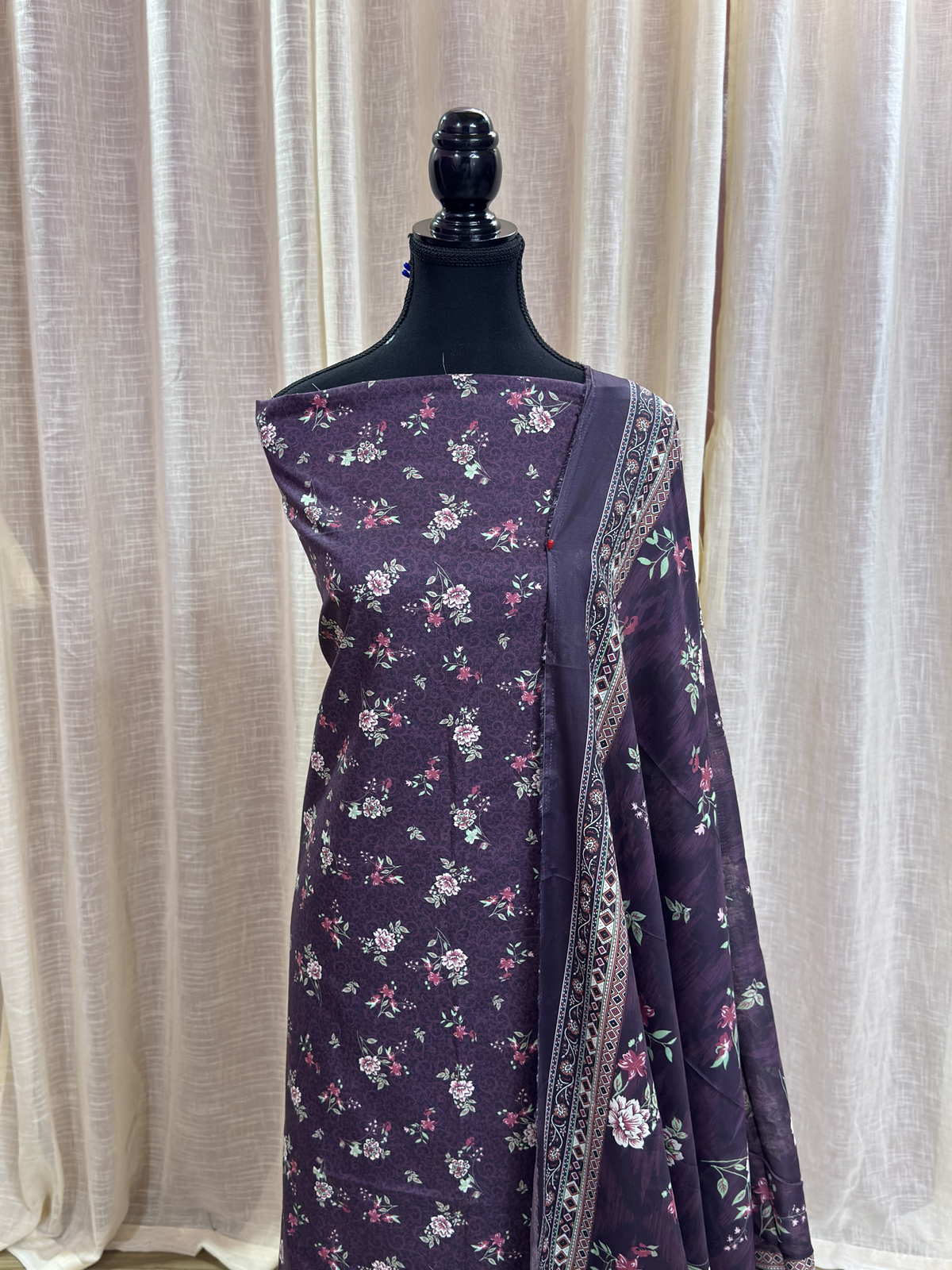 Original Bin Saeed Plum Purple Floral Print Unstitched Lawn Suit