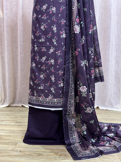 Original Bin Saeed Plum Purple Floral Print Unstitched Lawn Suit