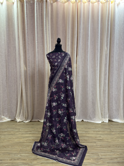 Original Bin Saeed Plum Purple Floral Print Unstitched Lawn Suit