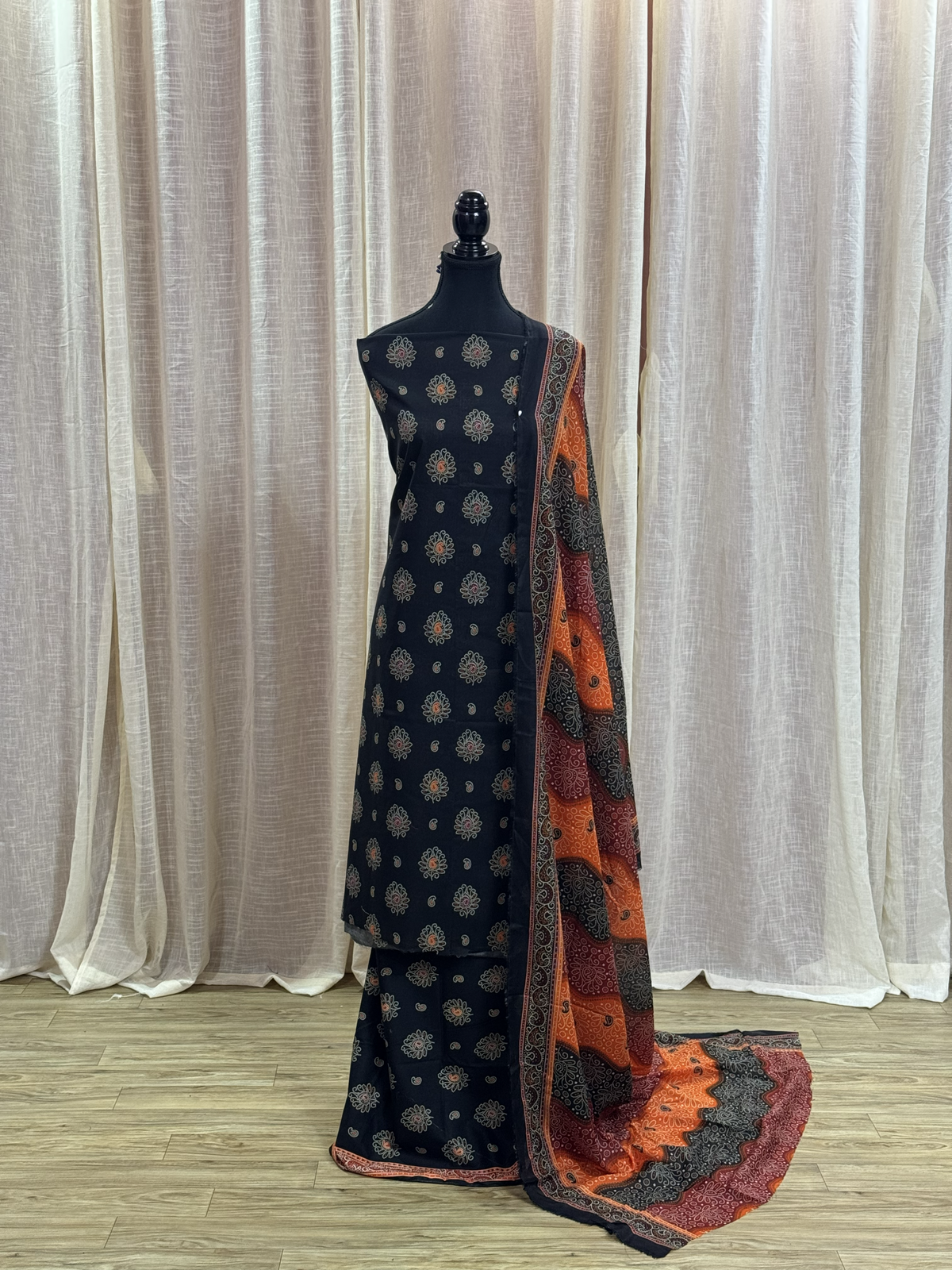 Original Bin Saeed Royal Black Floral Print Unstitched Lawn Suit