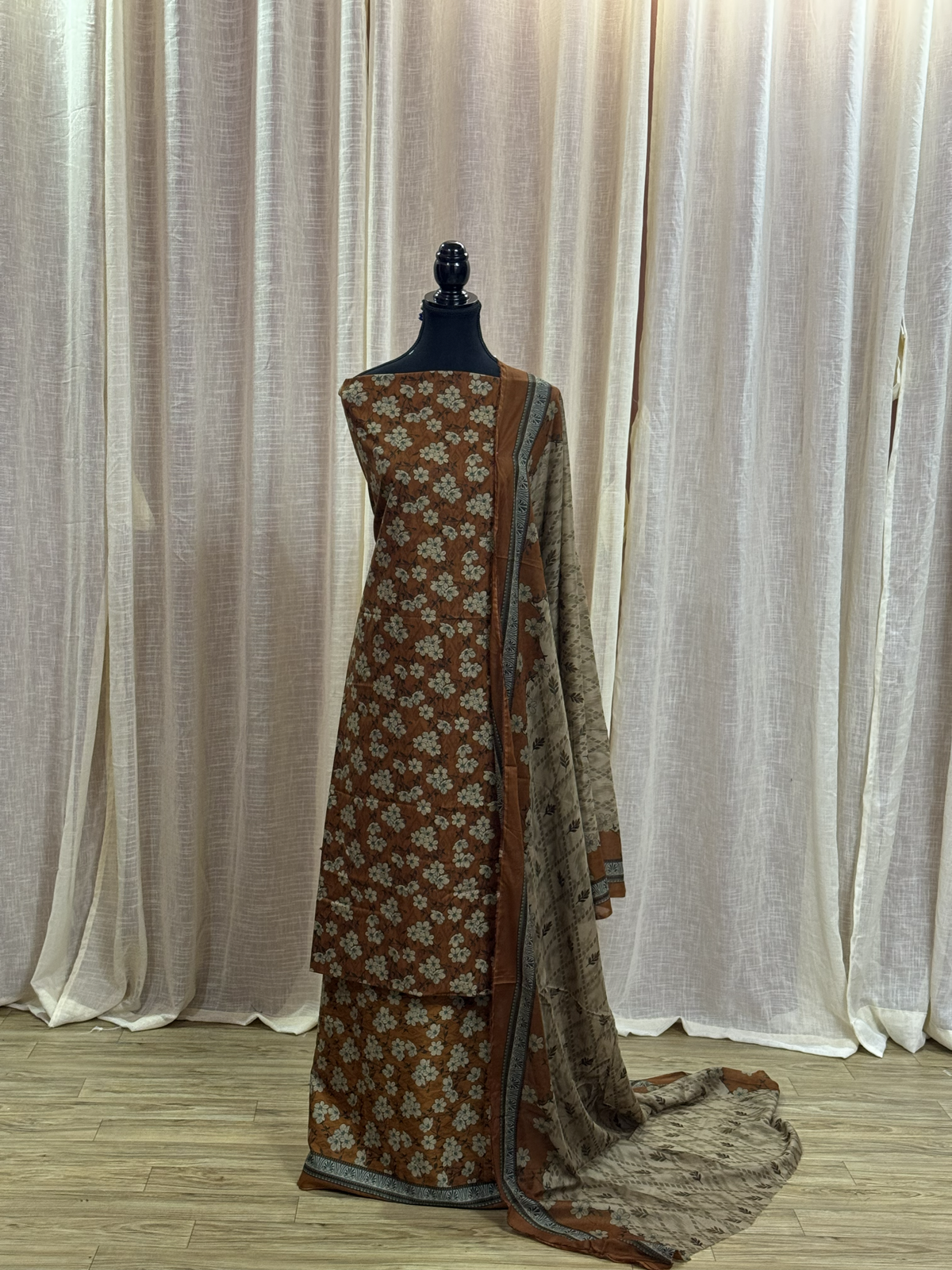 Original Bin Saeed Caramel Brown Floral Print Unstitched Lawn Suit