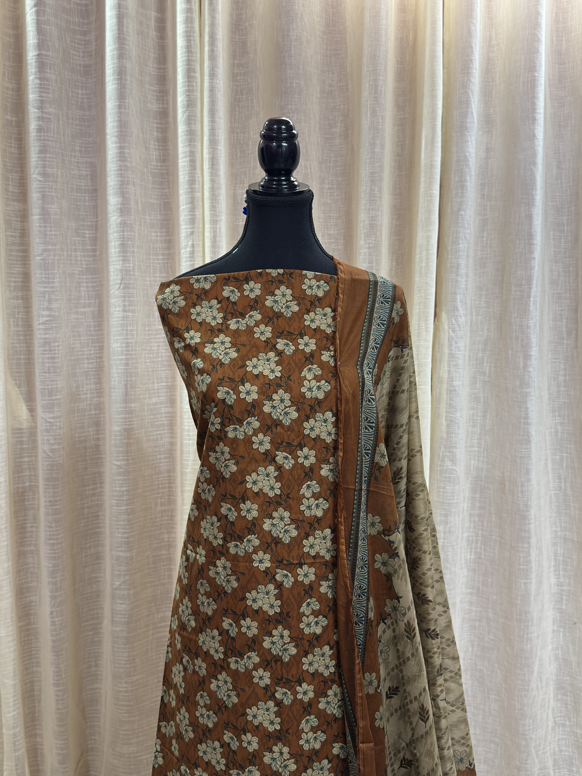 Original Bin Saeed Caramel Brown Floral Print Unstitched Lawn Suit