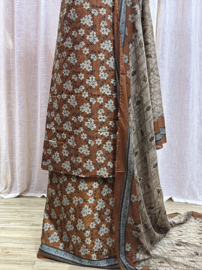 Original Bin Saeed Caramel Brown Floral Print Unstitched Lawn Suit