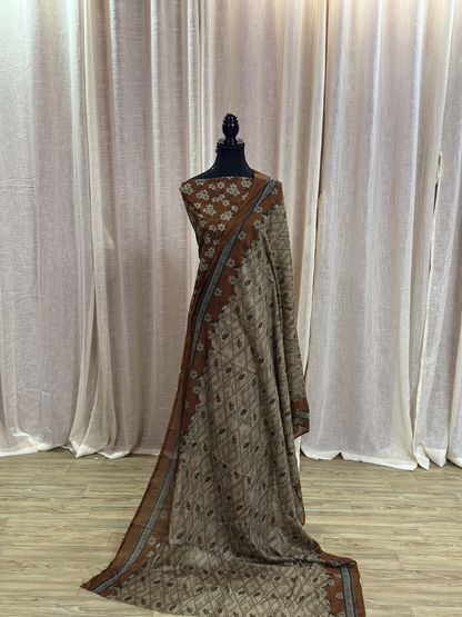Original Bin Saeed Caramel Brown Floral Print Unstitched Lawn Suit