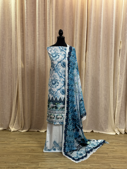 Original Elaf Elegant Blue Floral Print Unstitched Lawn Suit
