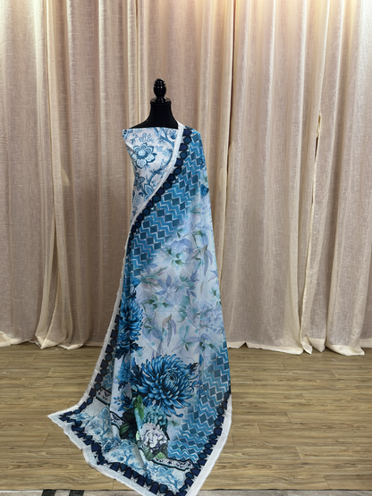 Original Elaf Elegant Blue Floral Print Unstitched Lawn Suit